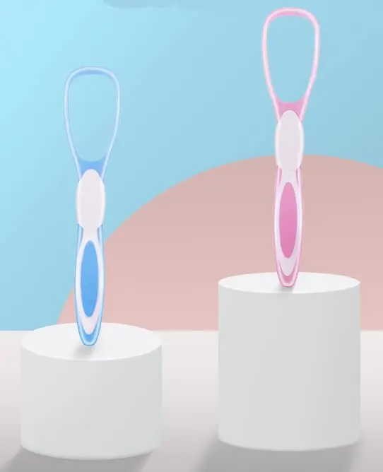 This image shows a 2 pack of tongue scrapers designed to reduce bad breath and improve oral health for adults and kids.