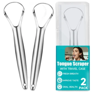Two stainless steel tongue scrapers for adults and kids to improve oral hygiene and reduce bad breath by removing buildup from the tongue.