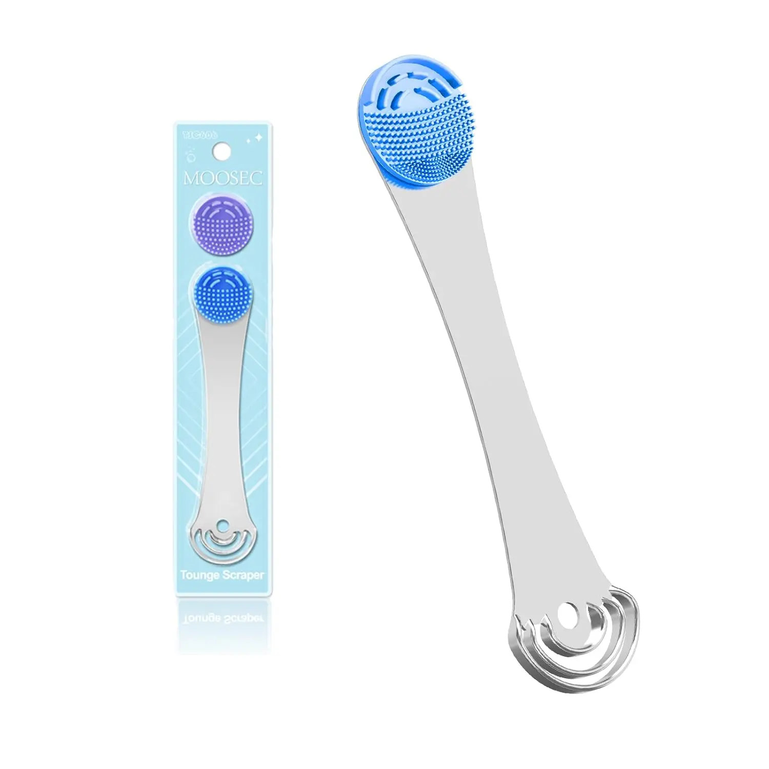 Blue tongue scraper with stainless steel handle and replacement silicone pads effectively cleans the tongue, removes debris, and improves oral hygiene for adults and kids, promoting fresh breath.