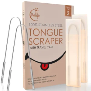 This stainless steel tongue scraper effectively removes buildup and food debris for fresher breath and improved oral hygiene, featuring a U-shaped design for easy use and a travel case for on-the-go care.