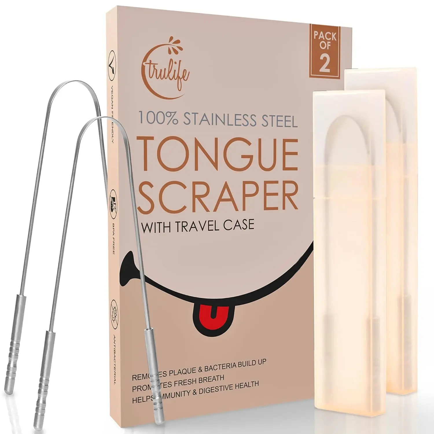 This stainless steel tongue scraper effectively removes buildup and food debris for fresher breath and improved oral hygiene, featuring a U-shaped design for easy use and a travel case for on-the-go care.