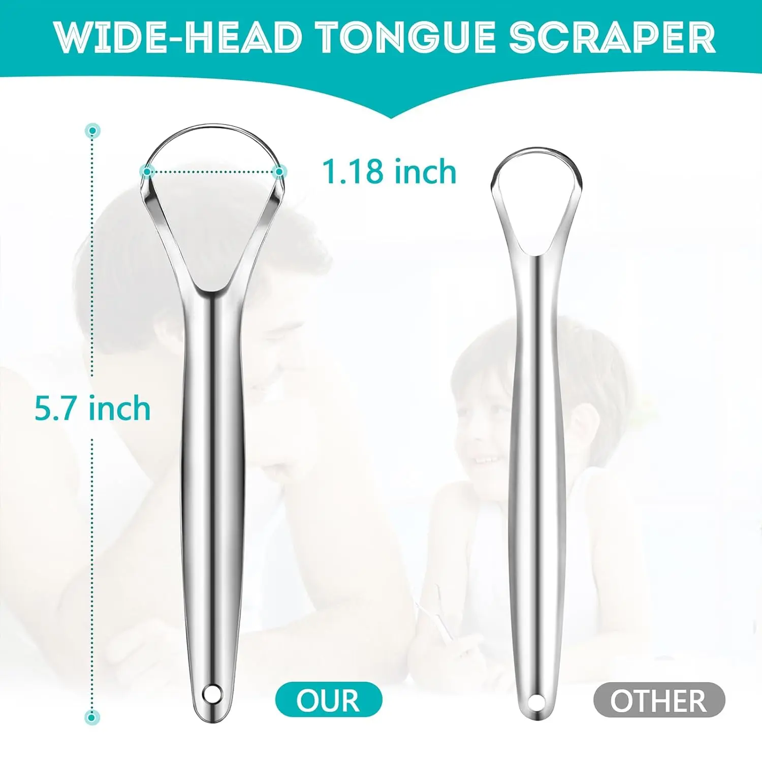 Two stainless steel tongue scrapers for adults and kids to improve oral hygiene and reduce bad breath by removing buildup from the tongue.