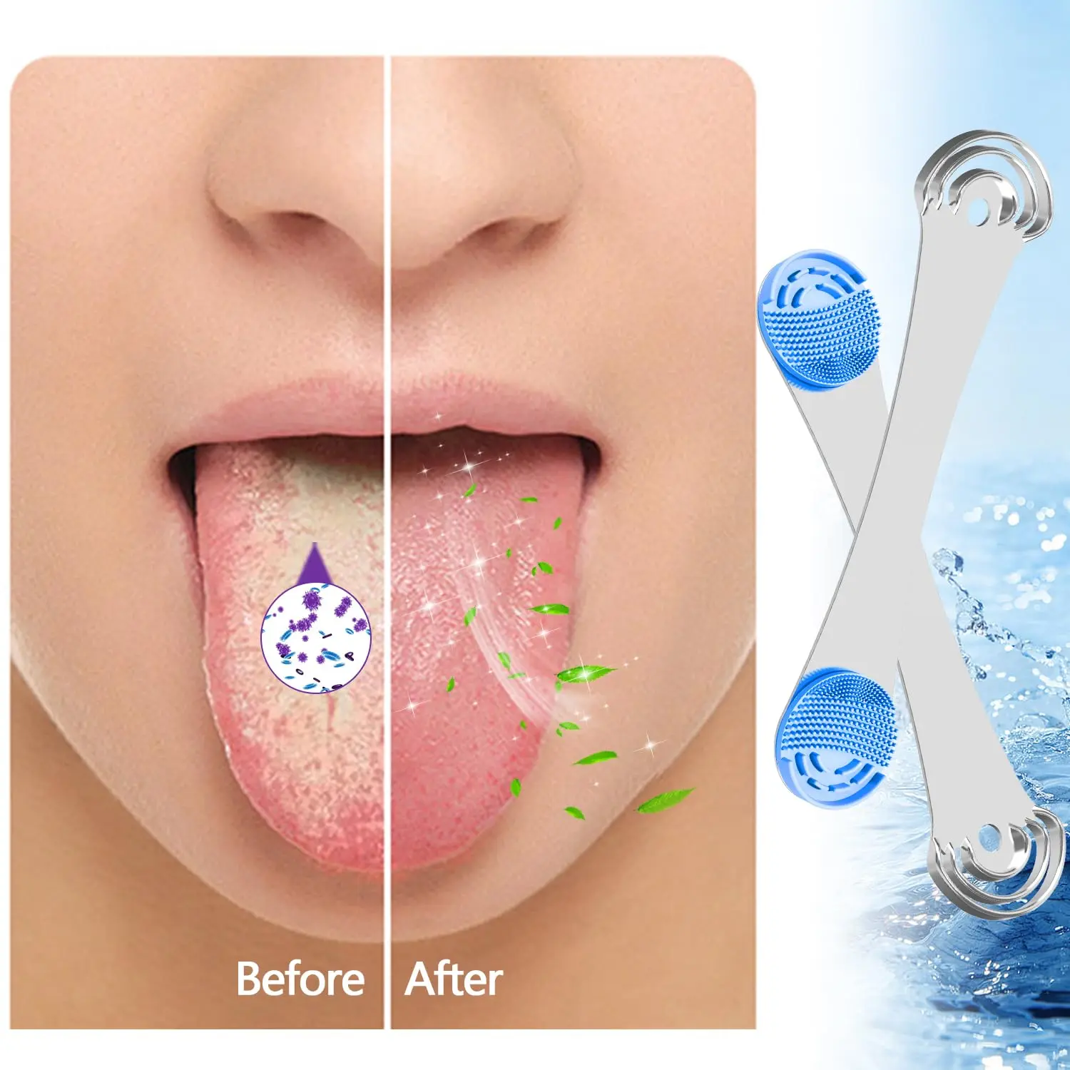 Blue tongue scraper with stainless steel handle and replacement silicone pads effectively cleans the tongue, removes debris, and improves oral hygiene for adults and kids, promoting fresh breath.