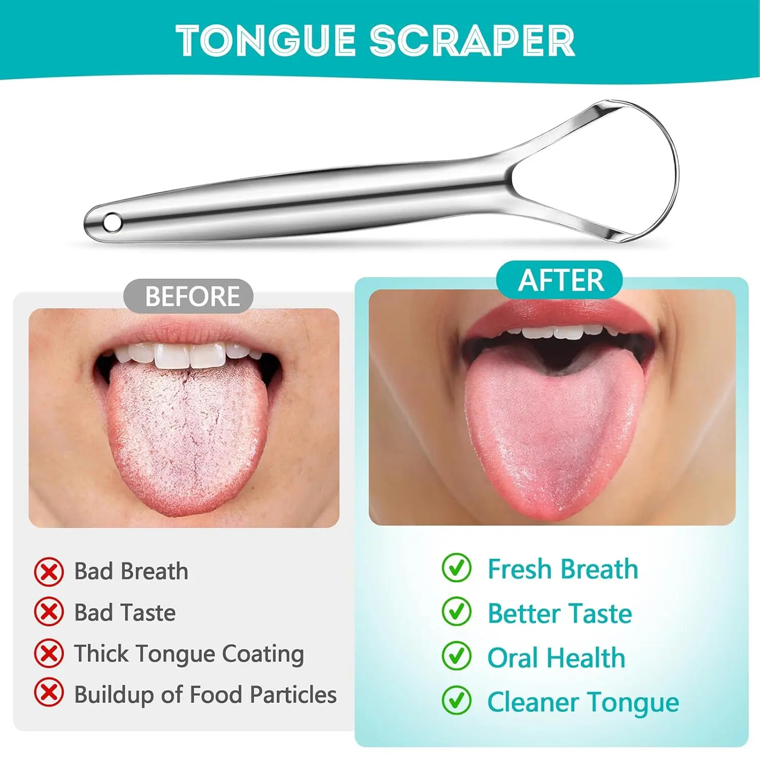 Two stainless steel tongue scrapers for adults and kids to improve oral hygiene and reduce bad breath by removing buildup from the tongue.