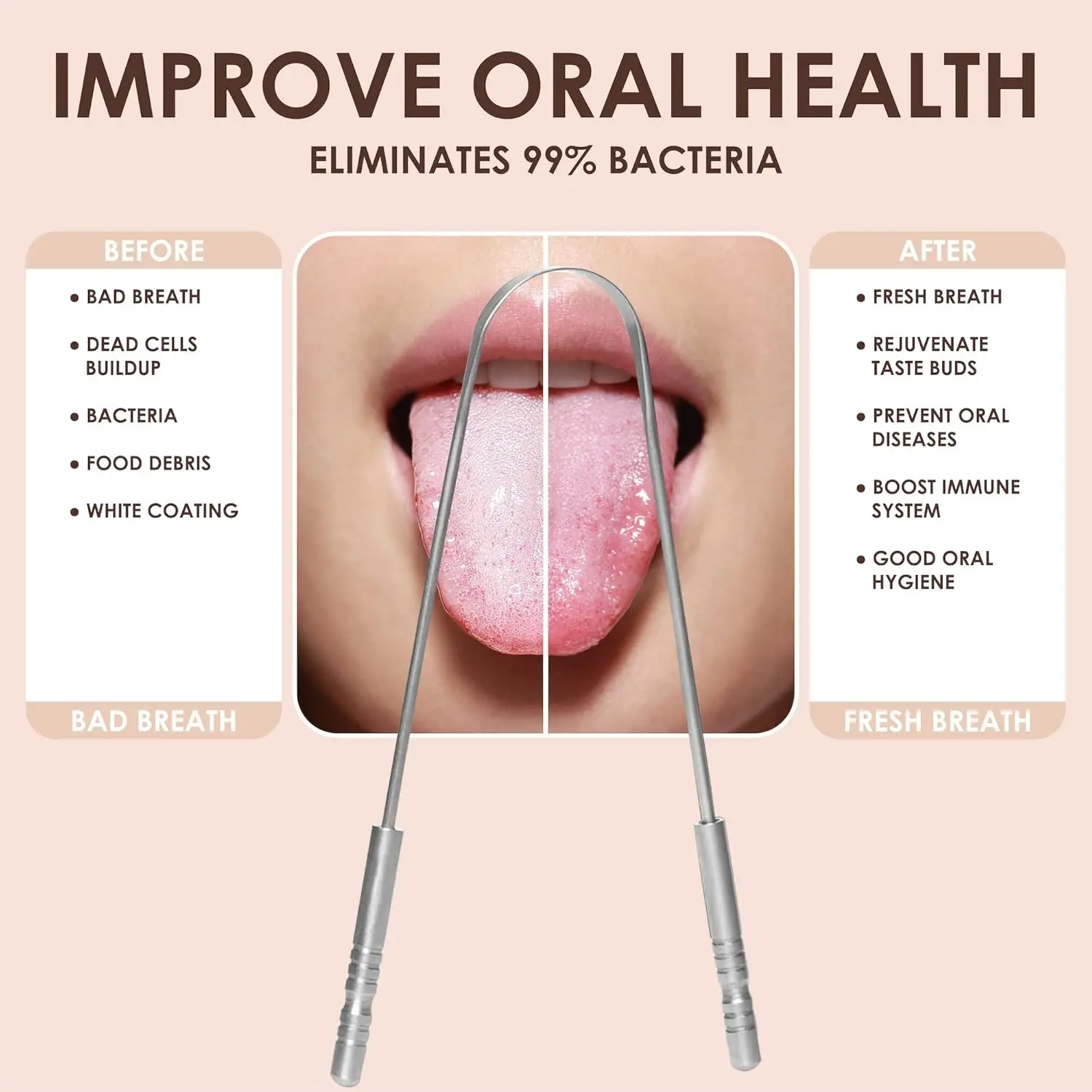 This stainless steel tongue scraper effectively removes buildup and food debris for fresher breath and improved oral hygiene, featuring a U-shaped design for easy use and a travel case for on-the-go care.