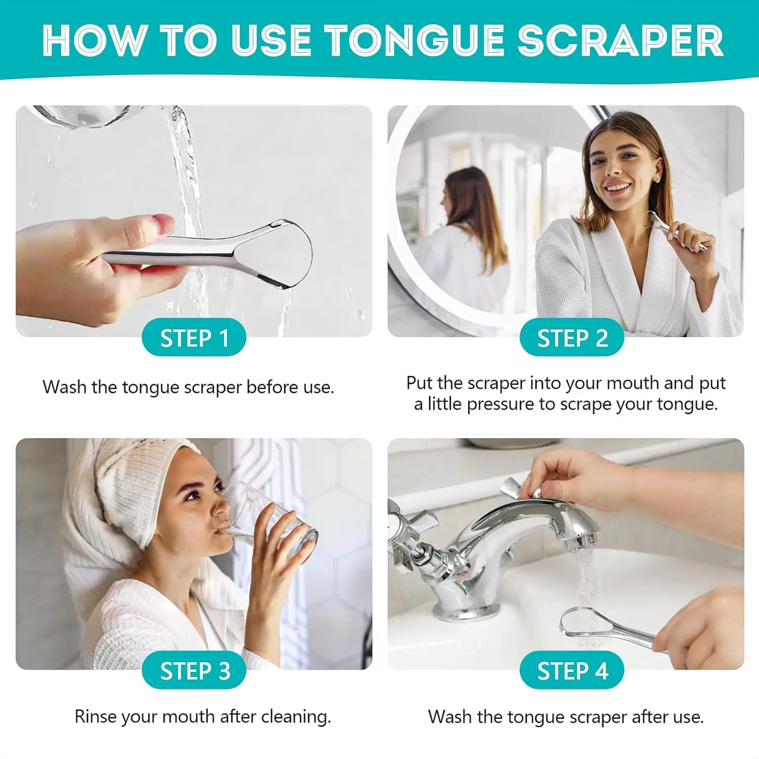 Two stainless steel tongue scrapers for adults and kids to improve oral hygiene and reduce bad breath by removing buildup from the tongue.