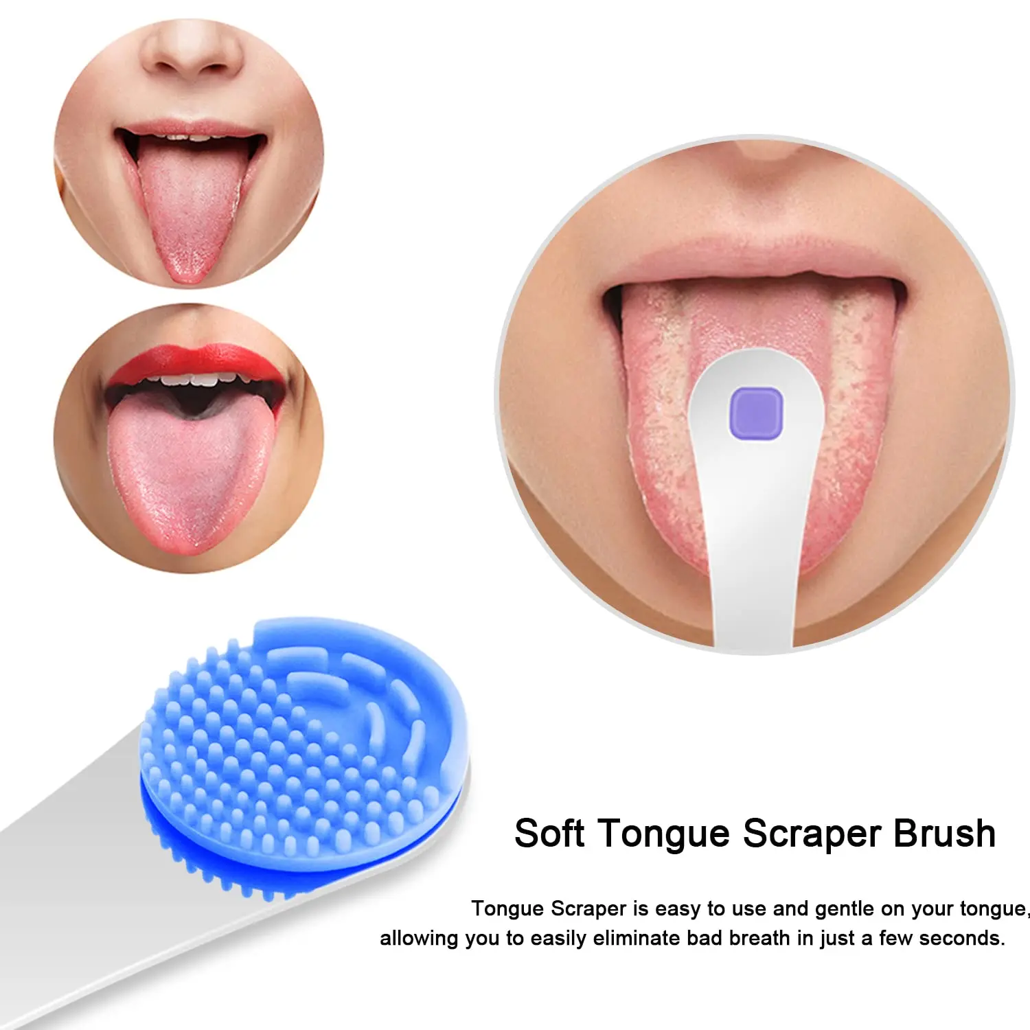 Blue tongue scraper with stainless steel handle and replacement silicone pads effectively cleans the tongue, removes debris, and improves oral hygiene for adults and kids, promoting fresh breath.