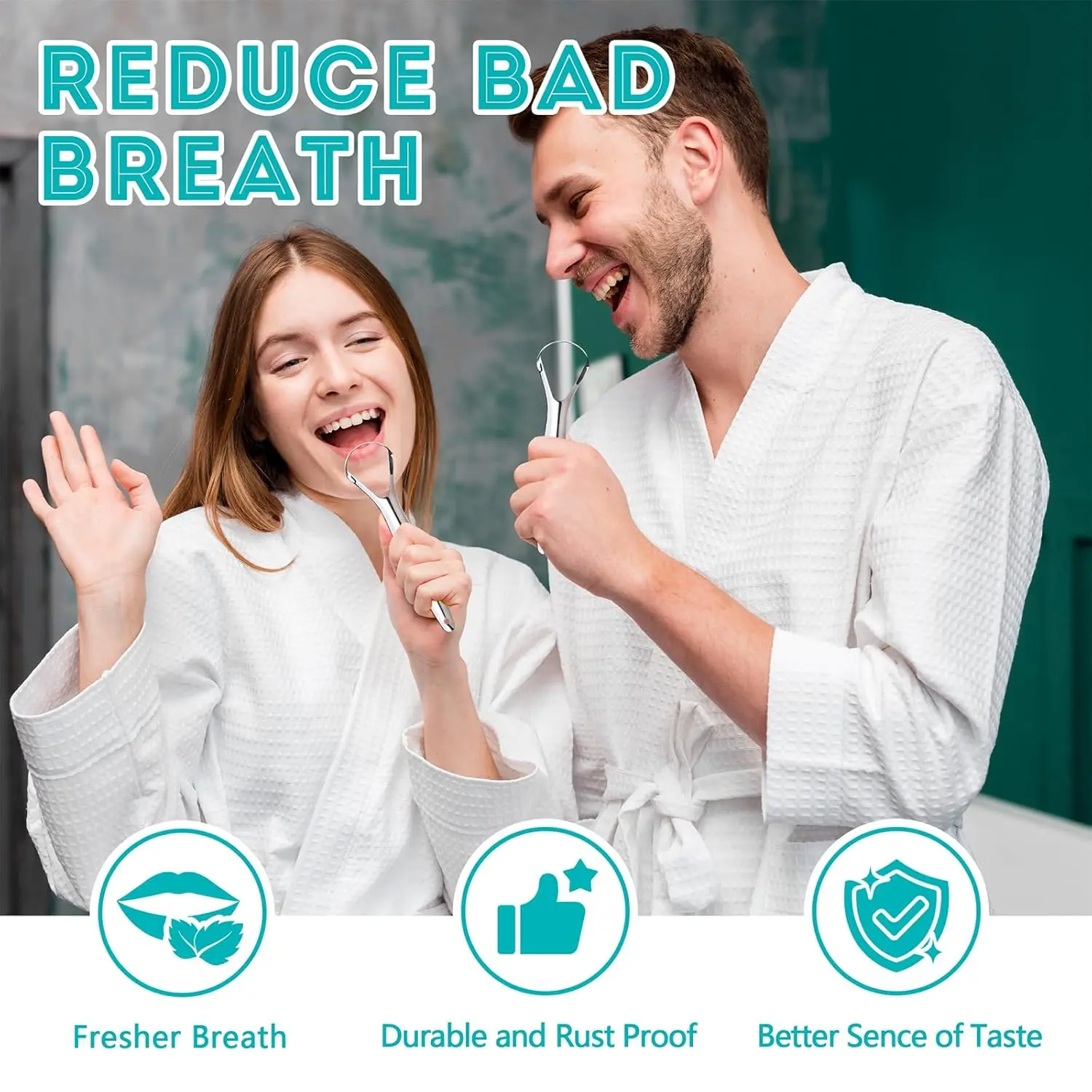 Two stainless steel tongue scrapers for adults and kids to improve oral hygiene and reduce bad breath by removing buildup from the tongue.
