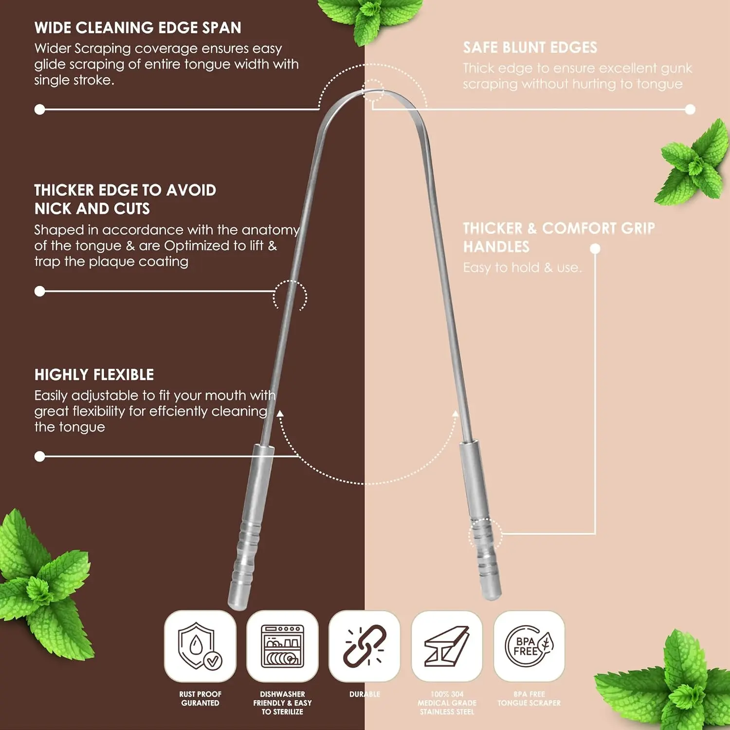 This stainless steel tongue scraper effectively removes buildup and food debris for fresher breath and improved oral hygiene, featuring a U-shaped design for easy use and a travel case for on-the-go care.