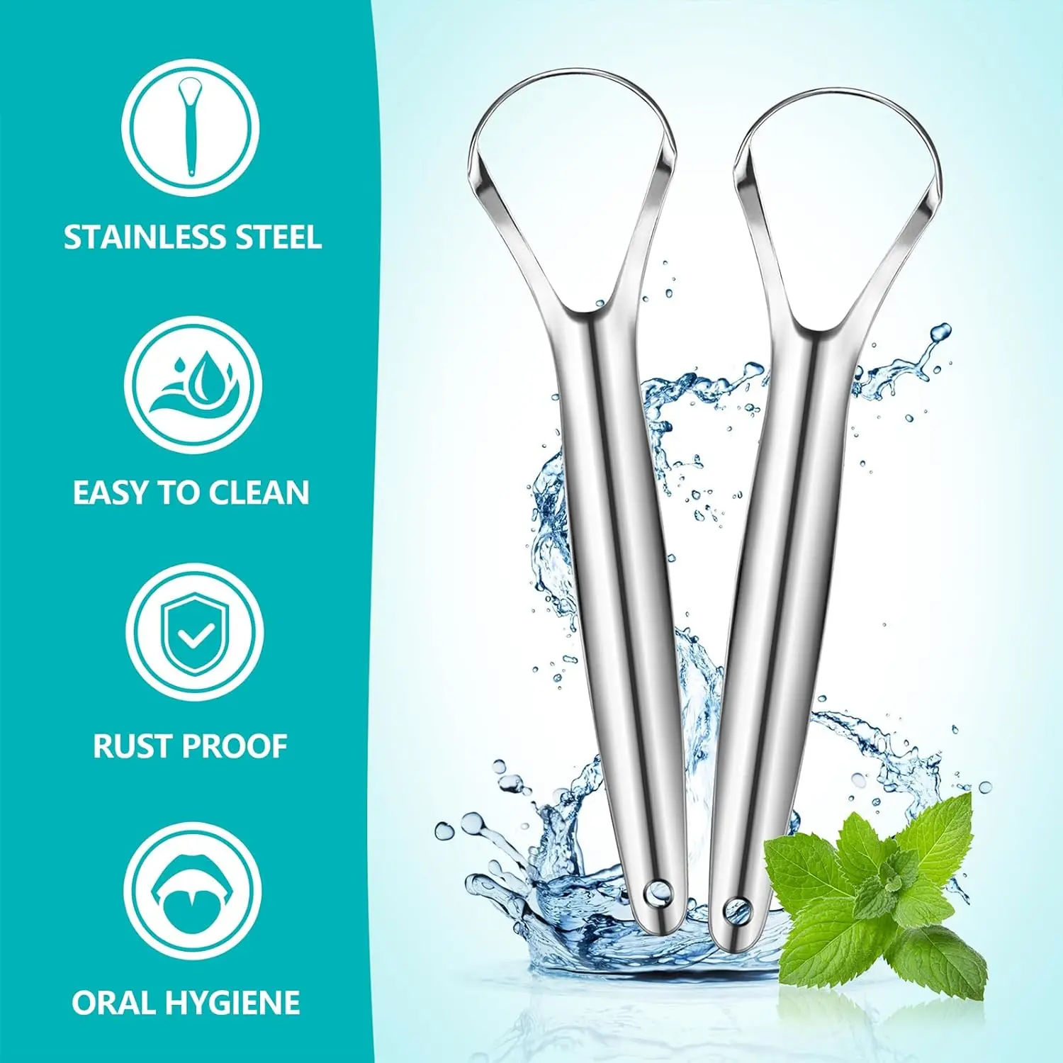 Two stainless steel tongue scrapers for adults and kids to improve oral hygiene and reduce bad breath by removing buildup from the tongue.