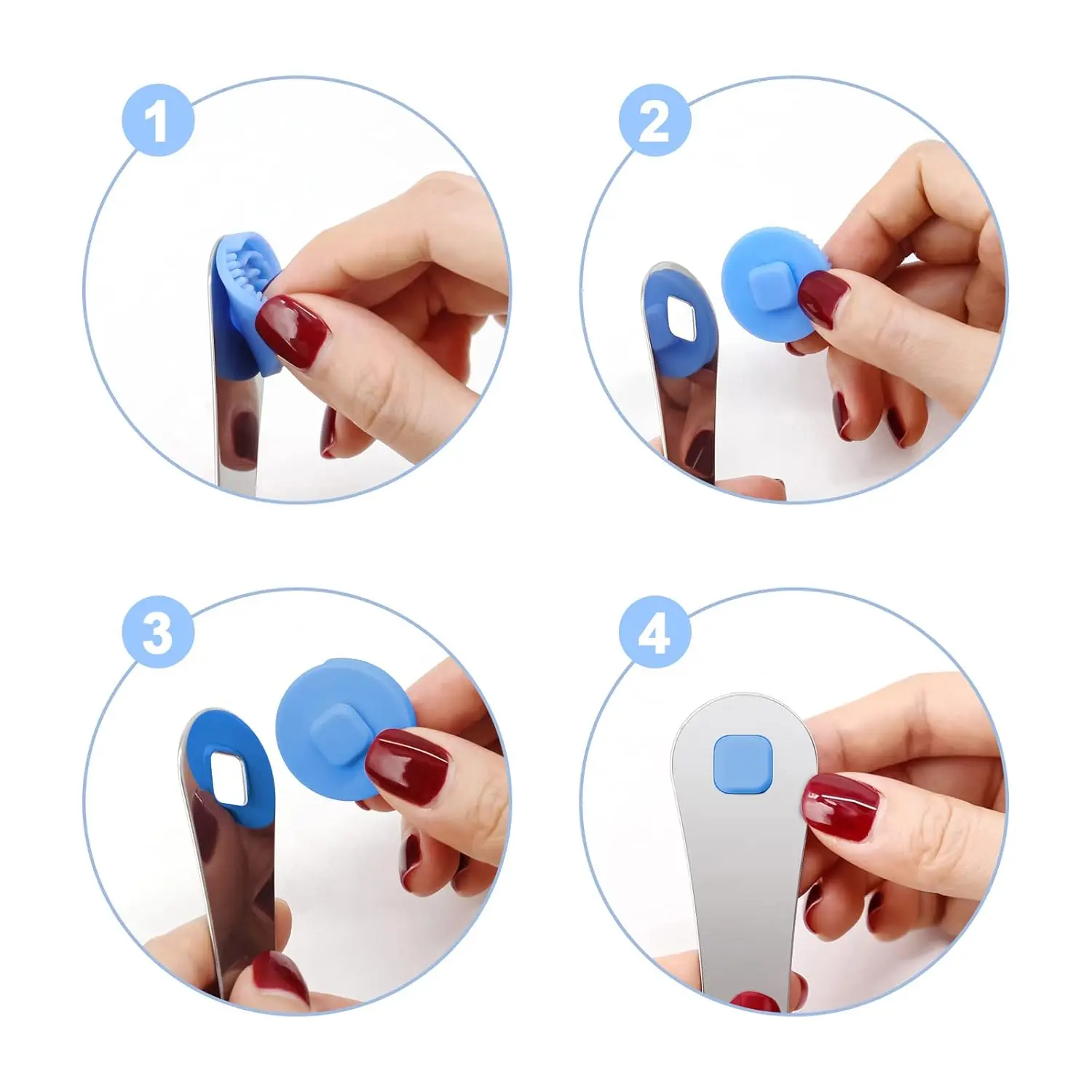 Blue tongue scraper with stainless steel handle and replacement silicone pads effectively cleans the tongue, removes debris, and improves oral hygiene for adults and kids, promoting fresh breath.
