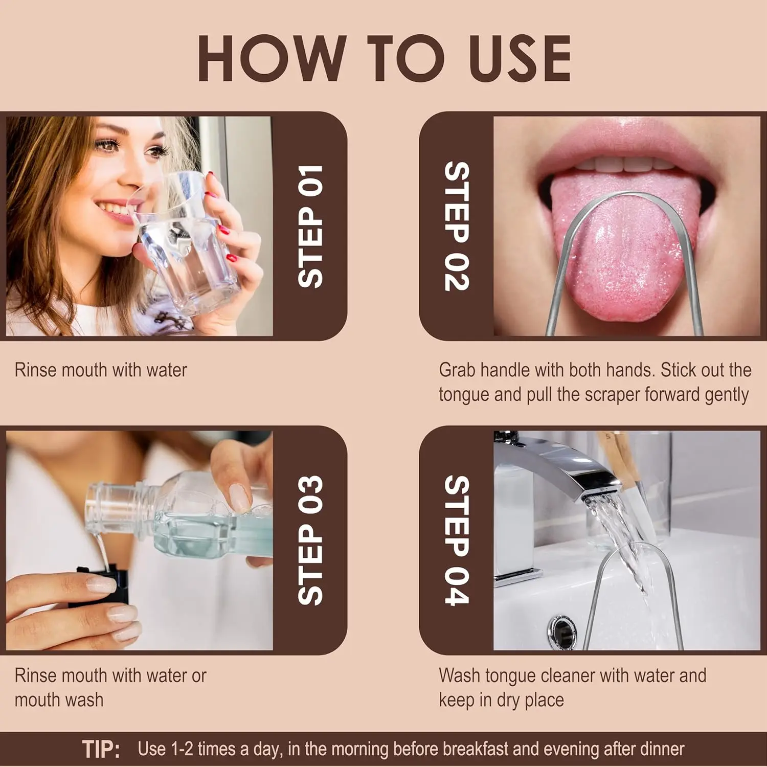 This stainless steel tongue scraper effectively removes buildup and food debris for fresher breath and improved oral hygiene, featuring a U-shaped design for easy use and a travel case for on-the-go care.