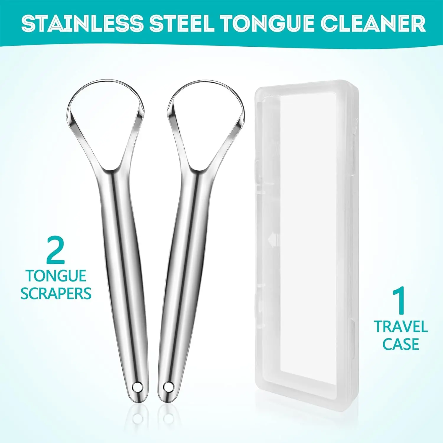 Two stainless steel tongue scrapers for adults and kids to improve oral hygiene and reduce bad breath by removing buildup from the tongue.