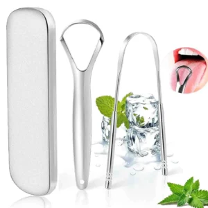 This two-pack of stainless steel tongue scrapers with a travel case provides professional oral hygiene for fresh breath.