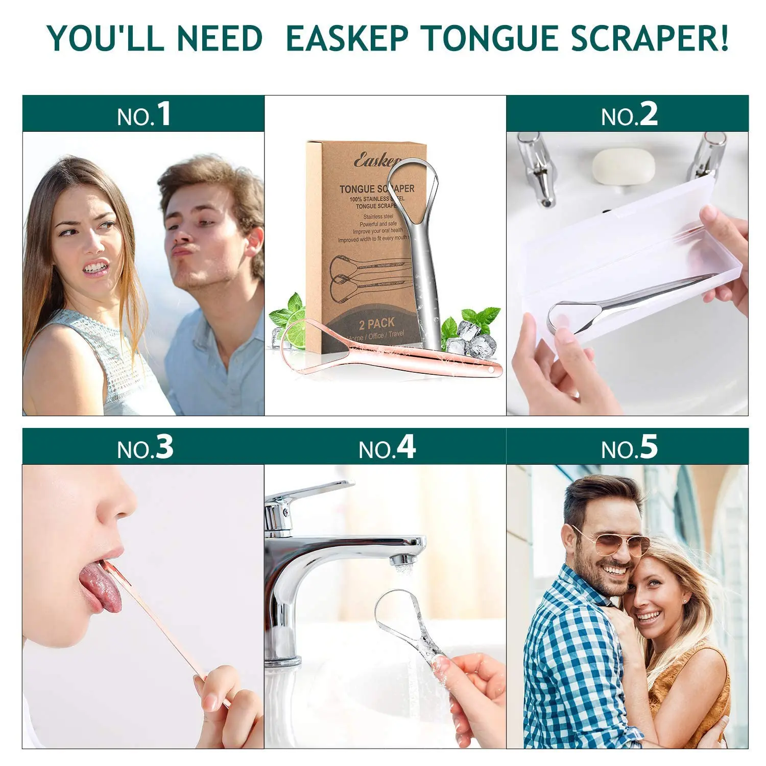 This stainless steel tongue scraper 2 pack includes wide-head tongue cleaners with carrying cases for fresher breath and improved oral hygiene.