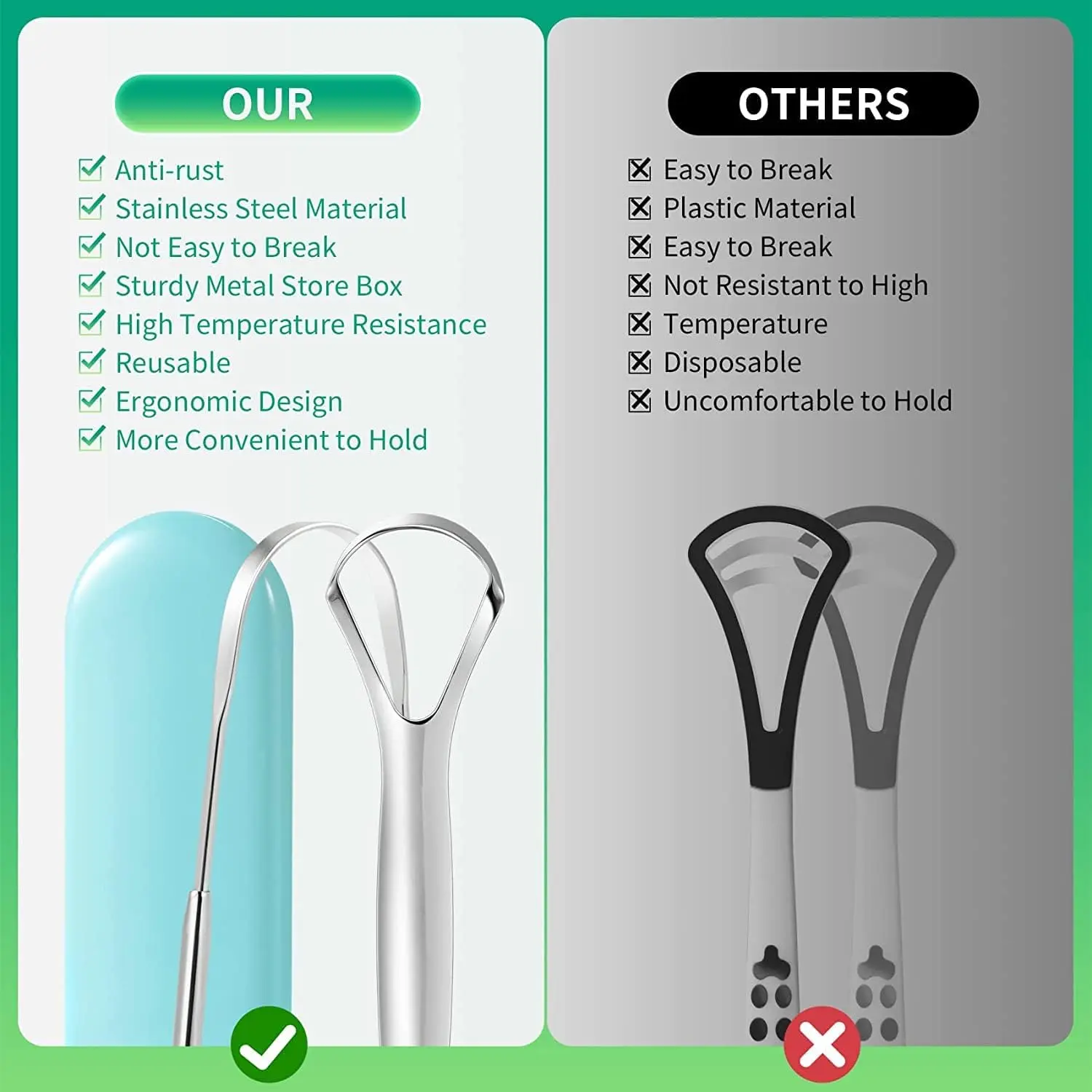 This two-pack of stainless steel tongue scrapers with a travel case provides professional oral hygiene for fresh breath.