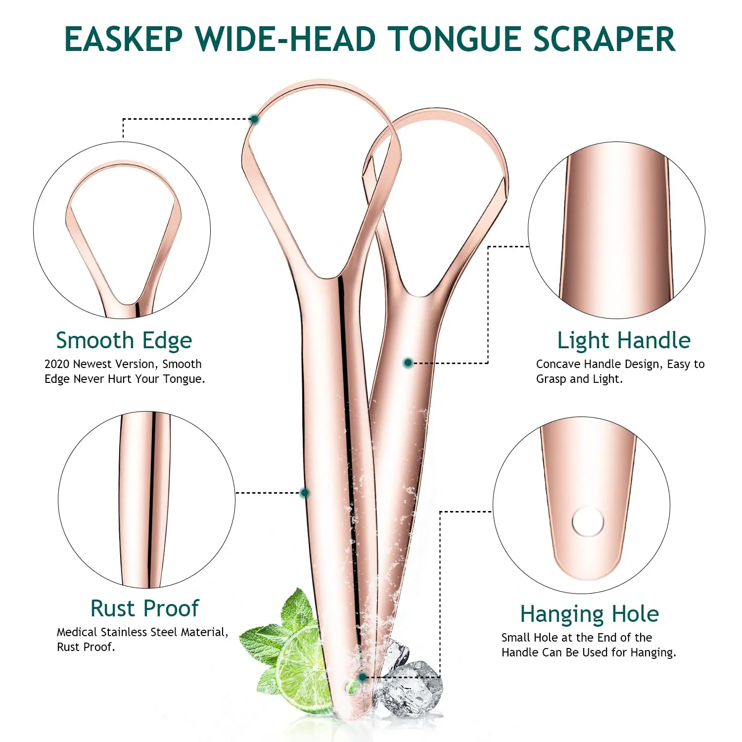 This stainless steel tongue scraper 2 pack includes wide-head tongue cleaners with carrying cases for fresher breath and improved oral hygiene.