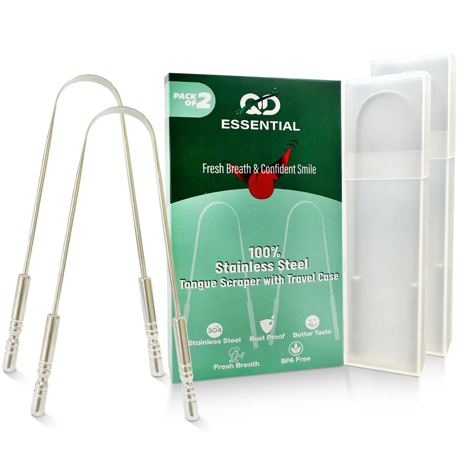 This two-pack of stainless steel tongue scrapers with travel cases helps you fight bad breath and improve oral hygiene by removing plaque and bacteria from your tongue.
