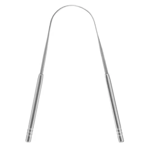 This stainless steel tongue scraper effectively cleans the oral cavity, removes buildup, and helps freshen breath for better dental hygiene.
