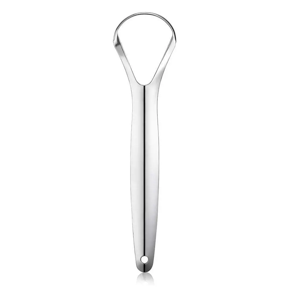 This stainless steel tongue scraper with a big size head helps remove bacteria causing bad breath and restore taste.