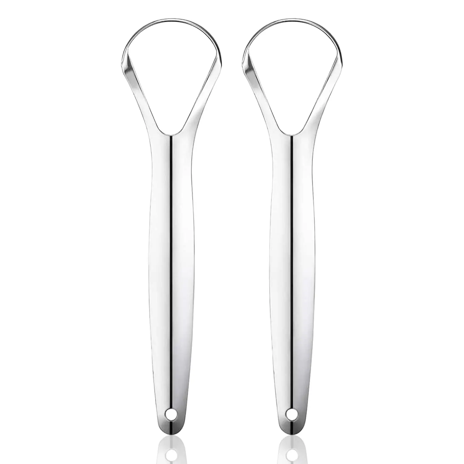 Two stainless steel tongue scrapers with spoon-shaped design effectively clean the tongue, reduce bad breath, and improve oral health for adults and kids.