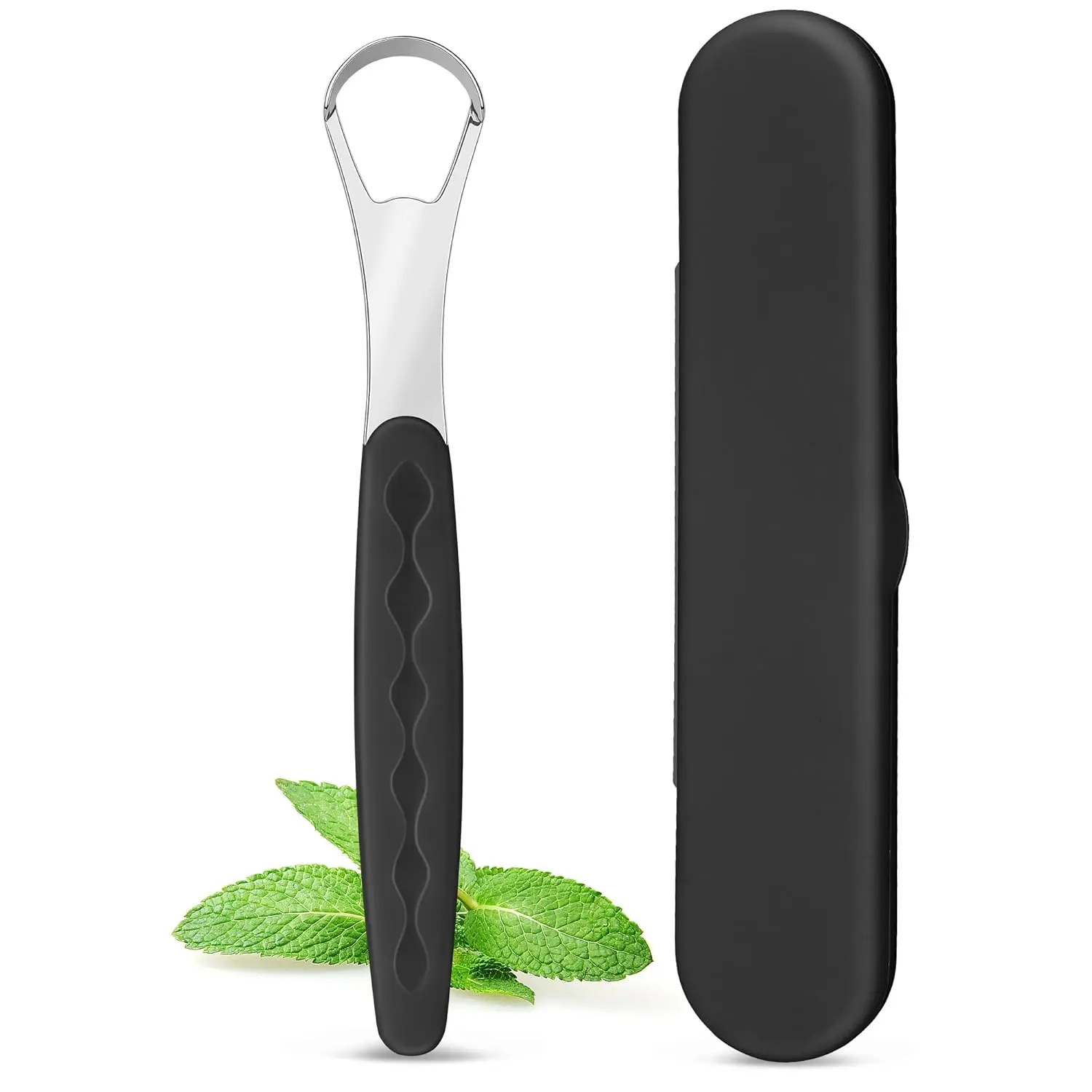 Medical-grade stainless steel tongue scraper with color-coded handle and travel case for adults and kids to promote oral hygiene and fresher breath.