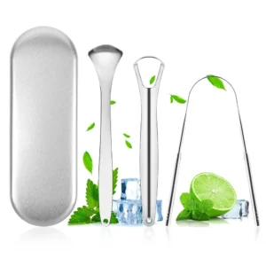 This three-piece stainless steel tongue scraper set includes U-shaped, double-sided, and spoon-shaped scrapers for effective tongue cleaning and fresh breath for adults.