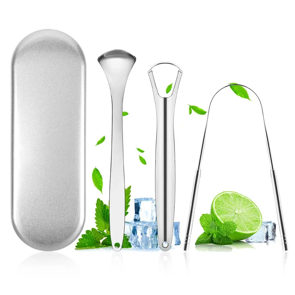 This three-piece stainless steel tongue scraper set includes U-shaped, double-sided, and spoon-shaped scrapers for effective tongue cleaning and fresh breath for adults.