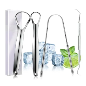 This four-piece stainless steel tongue scraper set includes a U-shaped scraper, two hollow scrapers, and a toothpick for effective bad breath removal and improved oral hygiene.