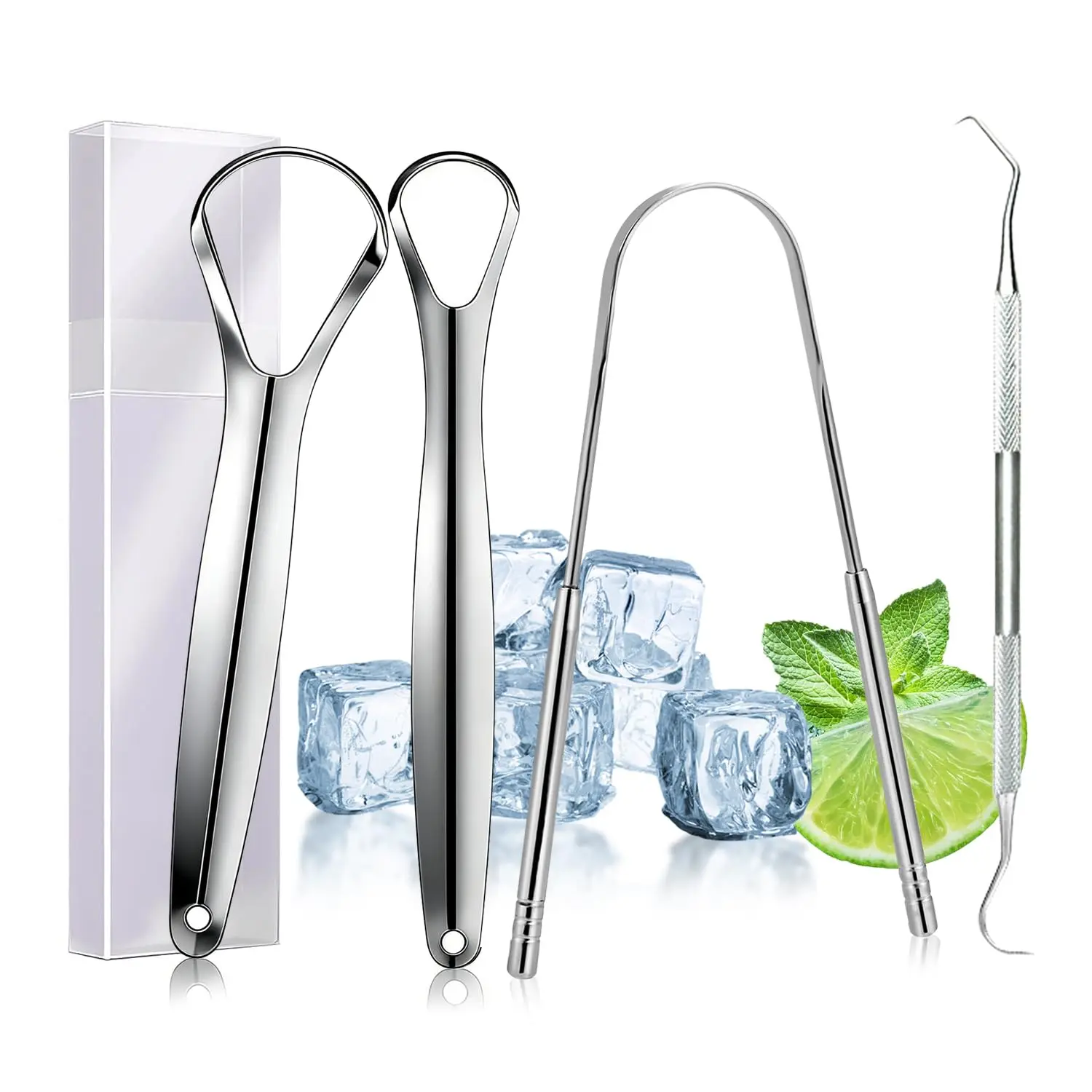 This four-piece stainless steel tongue scraper set includes a U-shaped scraper, two hollow scrapers, and a toothpick for effective bad breath removal and improved oral hygiene.