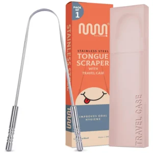 This stainless steel tongue scraper helps remove gunk and freshen breath for improved oral hygiene, designed with an ergonomic handle for easy and comfortable use.