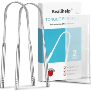 This two pack of surgical-grade stainless steel tongue scrapers are designed for adults and kids to improve oral hygiene, eliminate bad breath, and provide a lasting fresh breath.