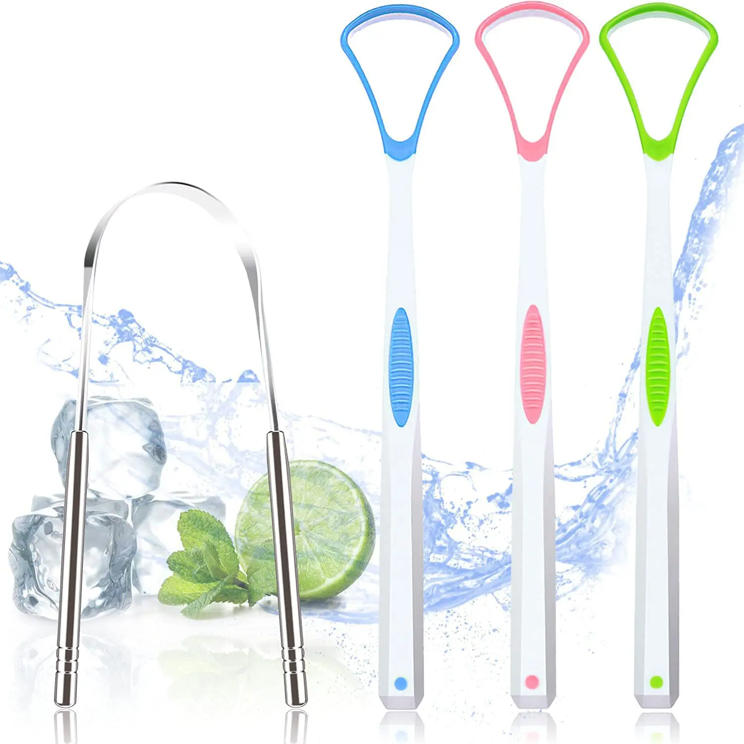 This set includes stainless steel and silicone tongue scrapers designed to effectively clean your tongue, reduce bad breath, and improve oral hygiene.