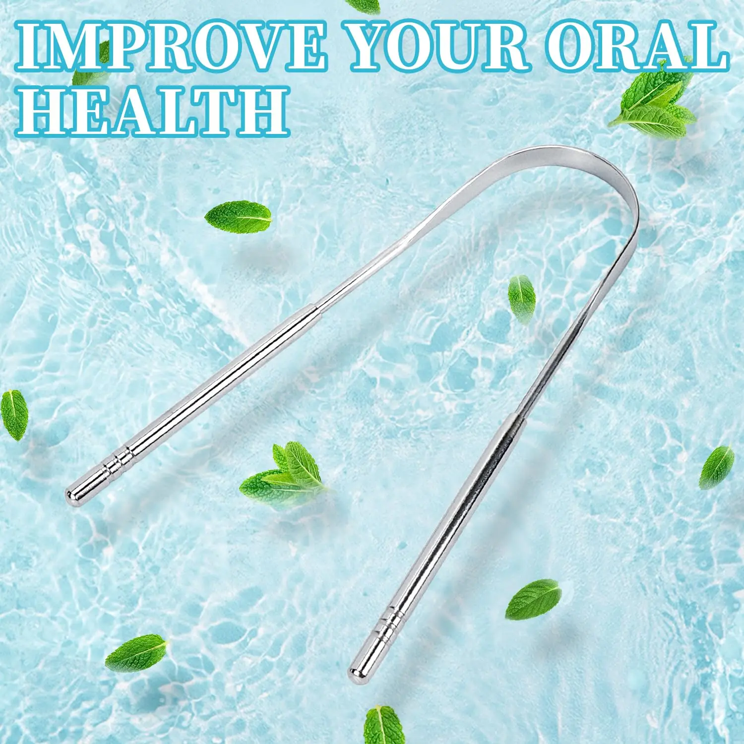 This stainless steel tongue scraper effectively cleans the oral cavity, removes buildup, and helps freshen breath for better dental hygiene.