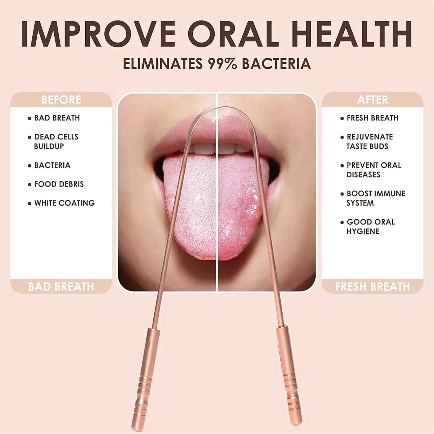 Two gold stainless steel tongue scrapers with ergonomic U-shaped design are shown, highlighting their effectiveness for adults and kids in treating bad breath and promoting oral hygiene.