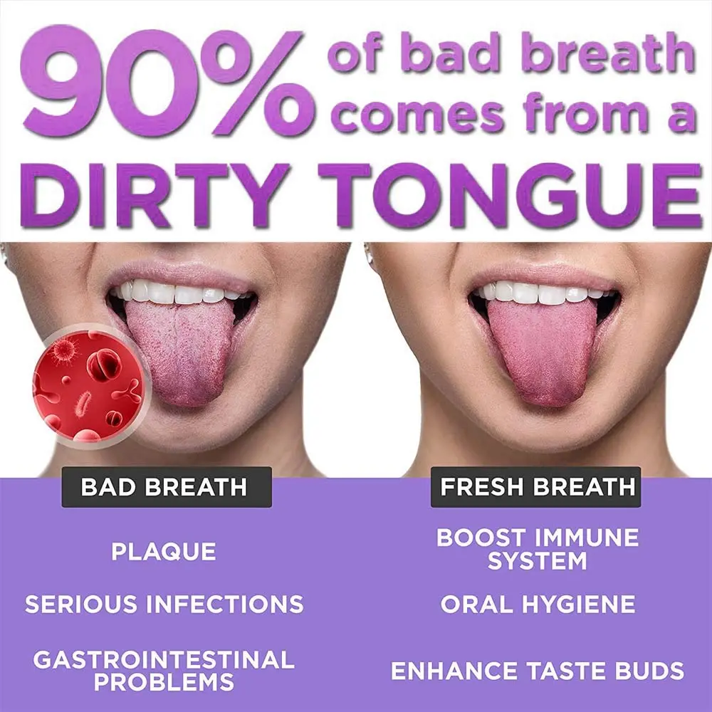 This stainless steel tongue scraper with a big size head helps remove bacteria causing bad breath and restore taste.