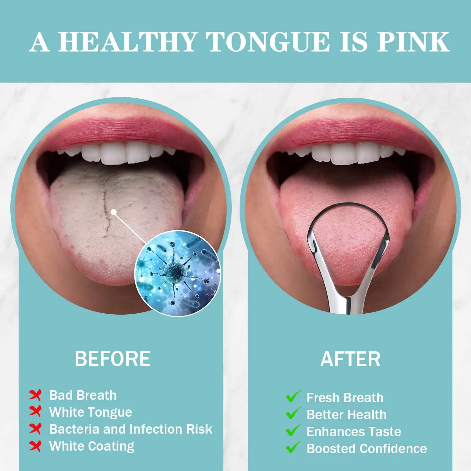 Two stainless steel tongue scrapers with spoon-shaped design effectively clean the tongue, reduce bad breath, and improve oral health for adults and kids.