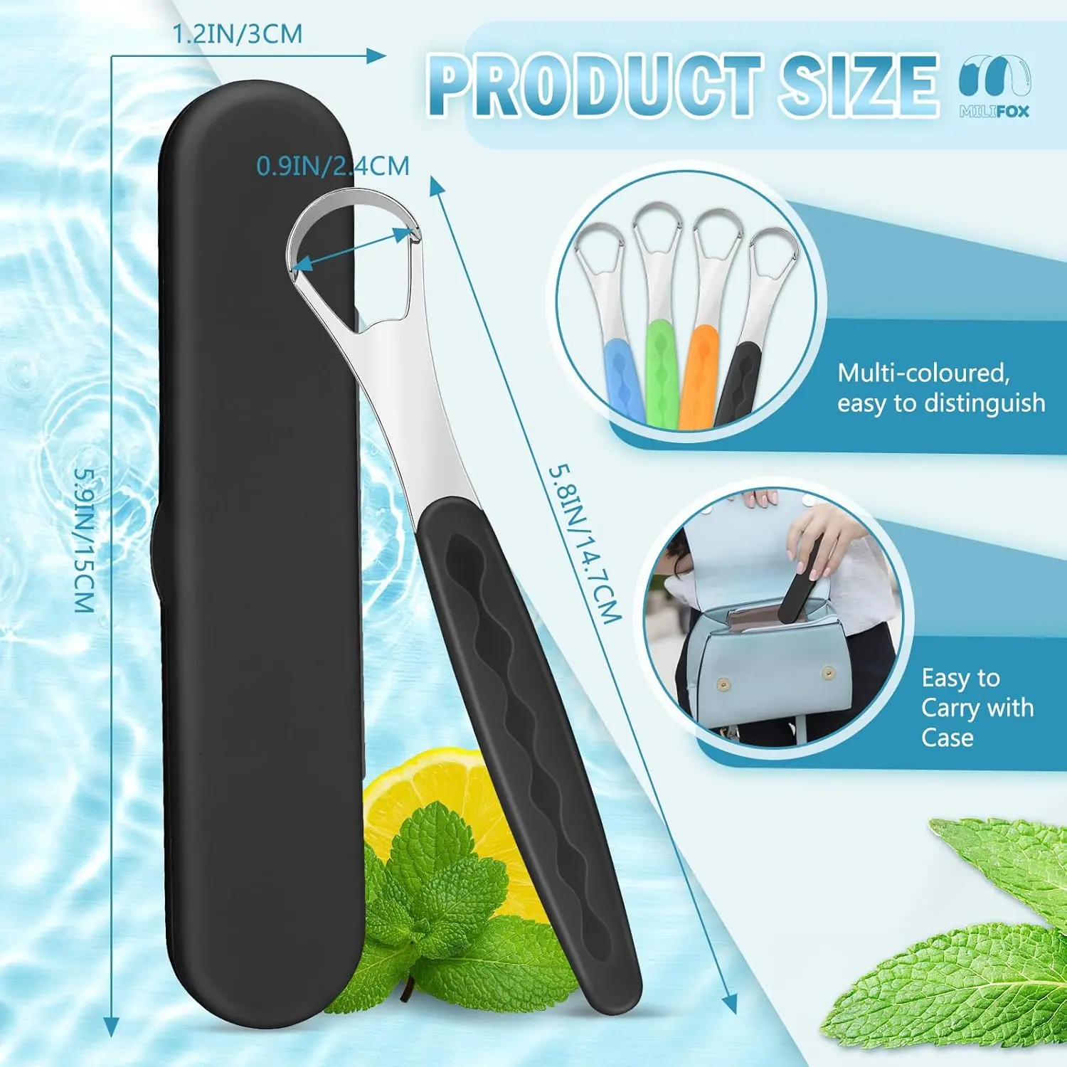 Medical-grade stainless steel tongue scraper with color-coded handle and travel case for adults and kids to promote oral hygiene and fresher breath.