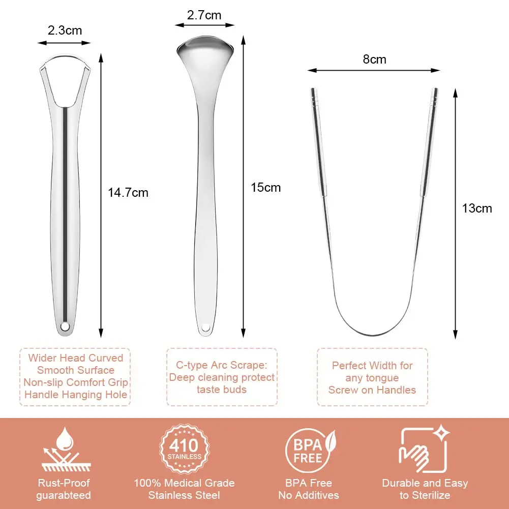 This three-piece stainless steel tongue scraper set includes U-shaped, double-sided, and spoon-shaped scrapers for effective tongue cleaning and fresh breath for adults.