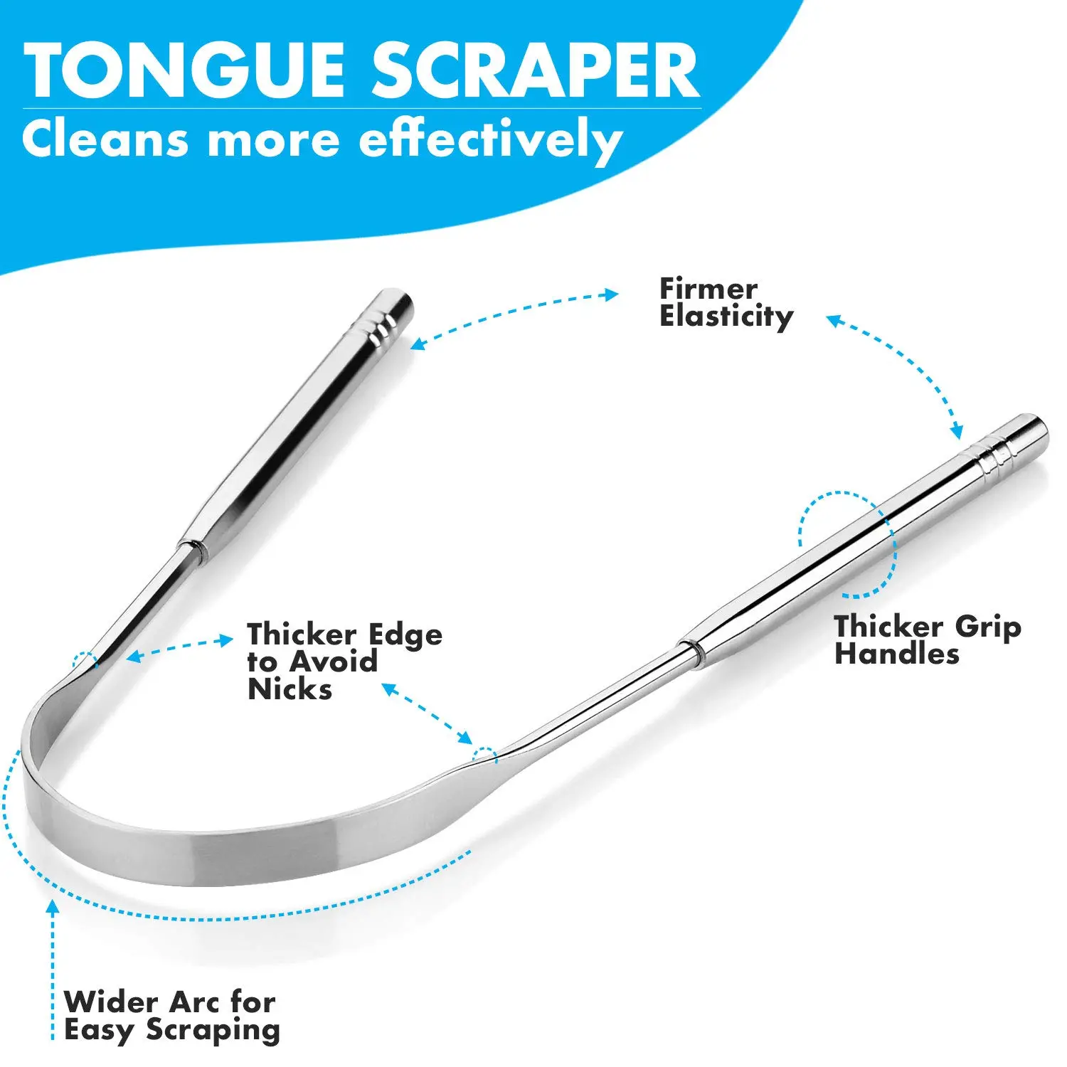 This stainless steel tongue scraper removes build-up, reaches the entire tongue, and helps eliminate bad breath.