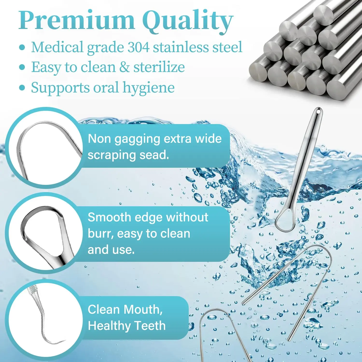 This four-piece stainless steel tongue scraper set includes a U-shaped scraper, two hollow scrapers, and a toothpick for effective bad breath removal and improved oral hygiene.