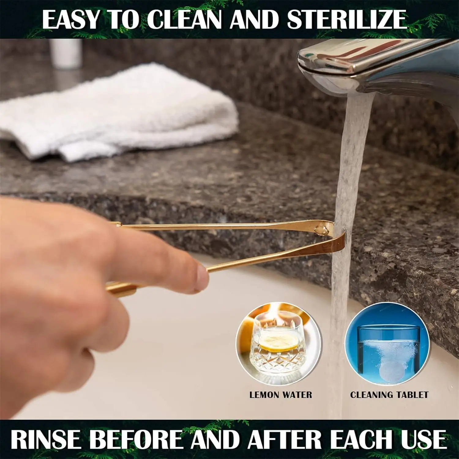 Two gold stainless steel tongue scrapers with ergonomic U-shaped design are shown, highlighting their effectiveness for adults and kids in treating bad breath and promoting oral hygiene.