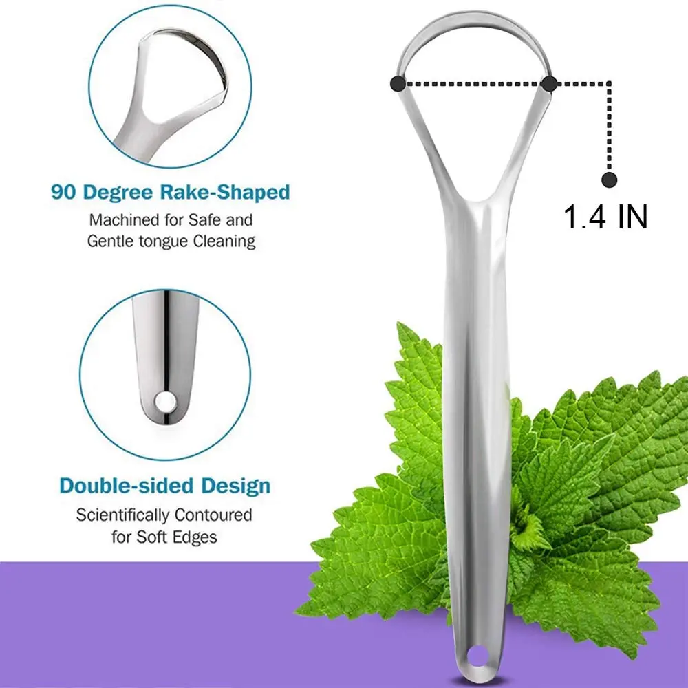 This stainless steel tongue scraper with a big size head helps remove bacteria causing bad breath and restore taste.