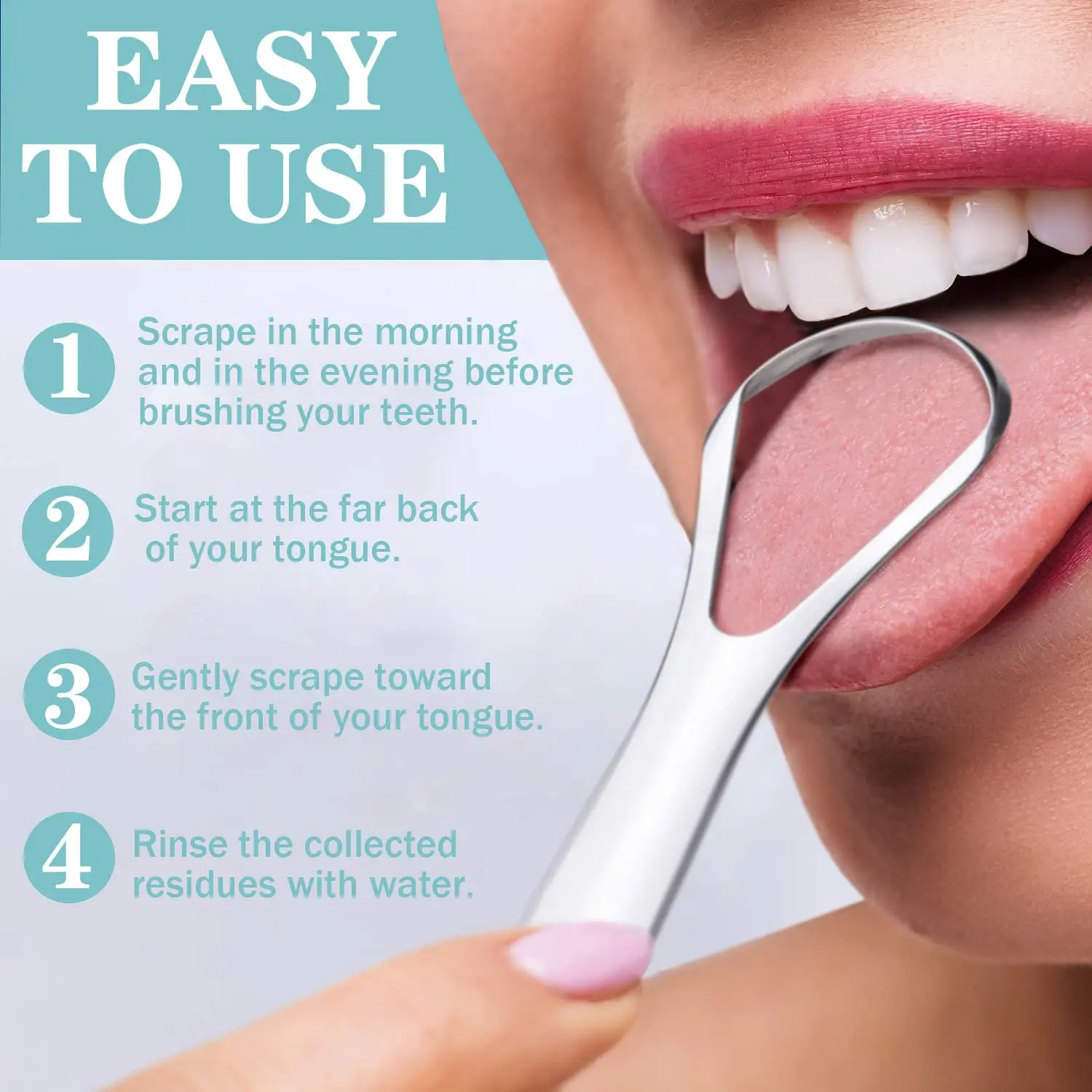 Two stainless steel tongue scrapers with spoon-shaped design effectively clean the tongue, reduce bad breath, and improve oral health for adults and kids.