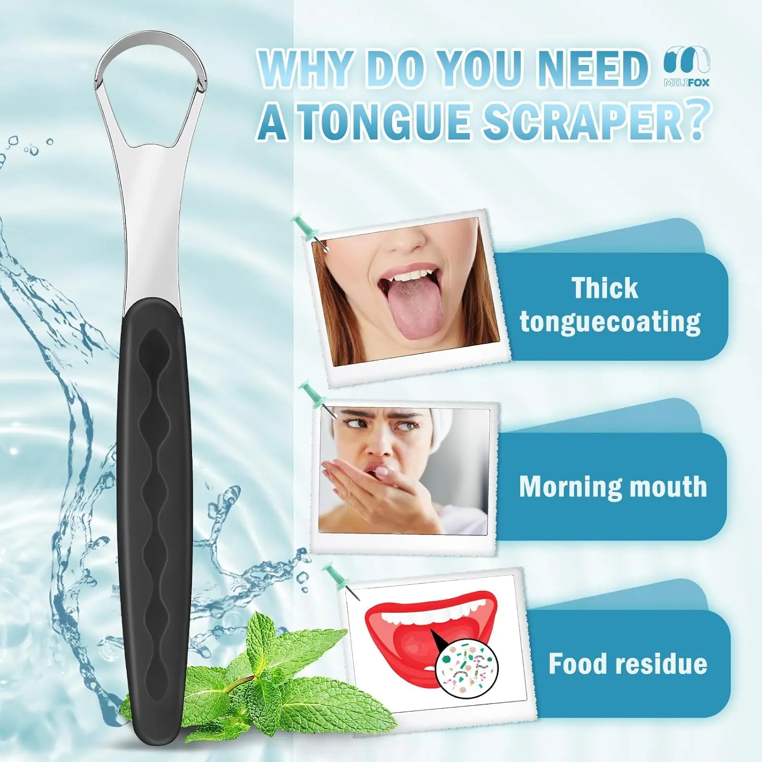 Medical-grade stainless steel tongue scraper with color-coded handle and travel case for adults and kids to promote oral hygiene and fresher breath.
