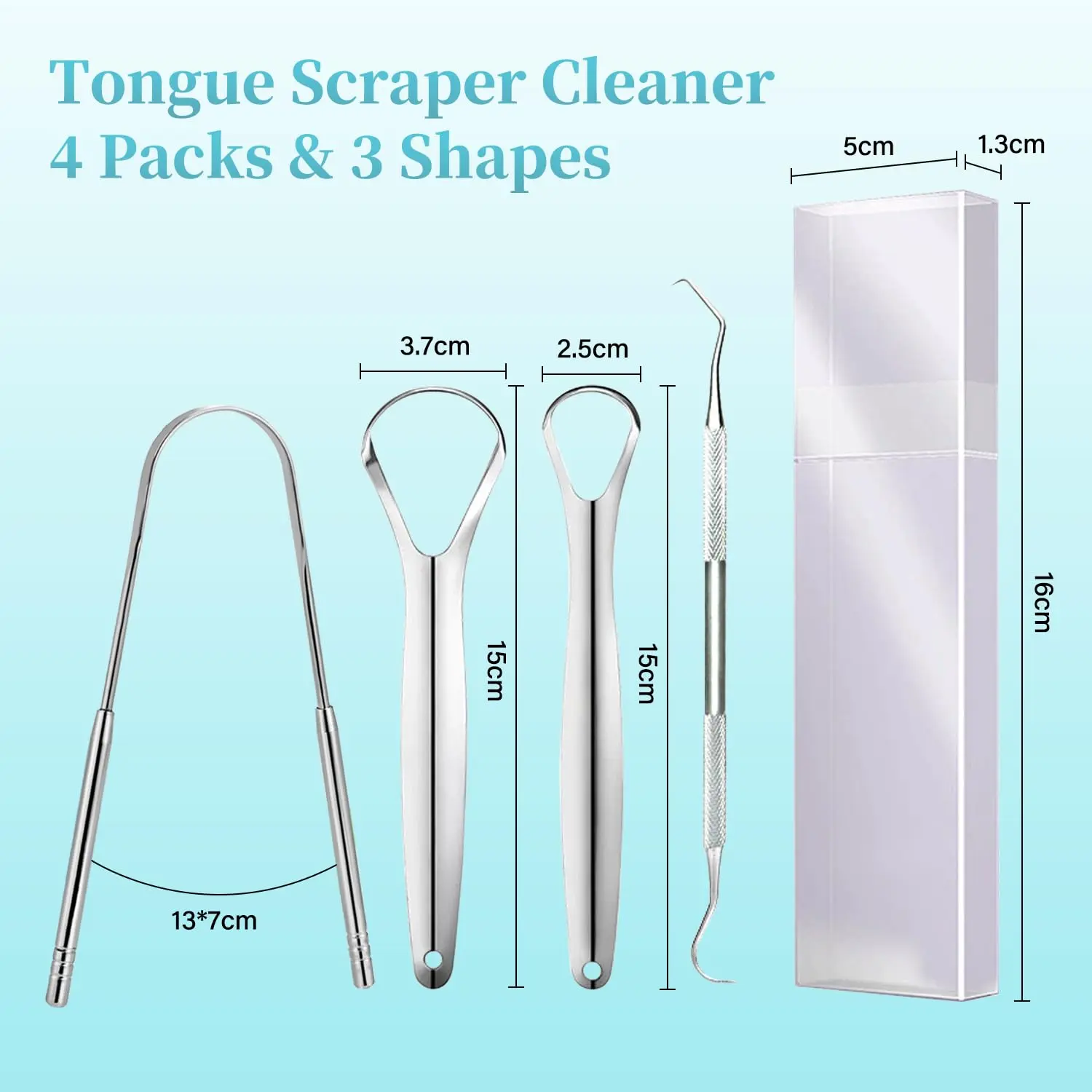 This four-piece stainless steel tongue scraper set includes a U-shaped scraper, two hollow scrapers, and a toothpick for effective bad breath removal and improved oral hygiene.
