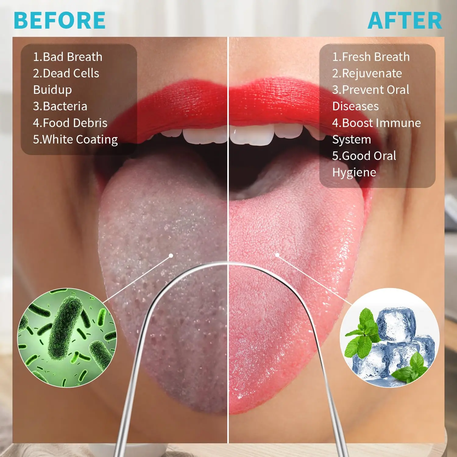 This stainless steel tongue scraper effectively cleans the oral cavity, removes buildup, and helps freshen breath for better dental hygiene.