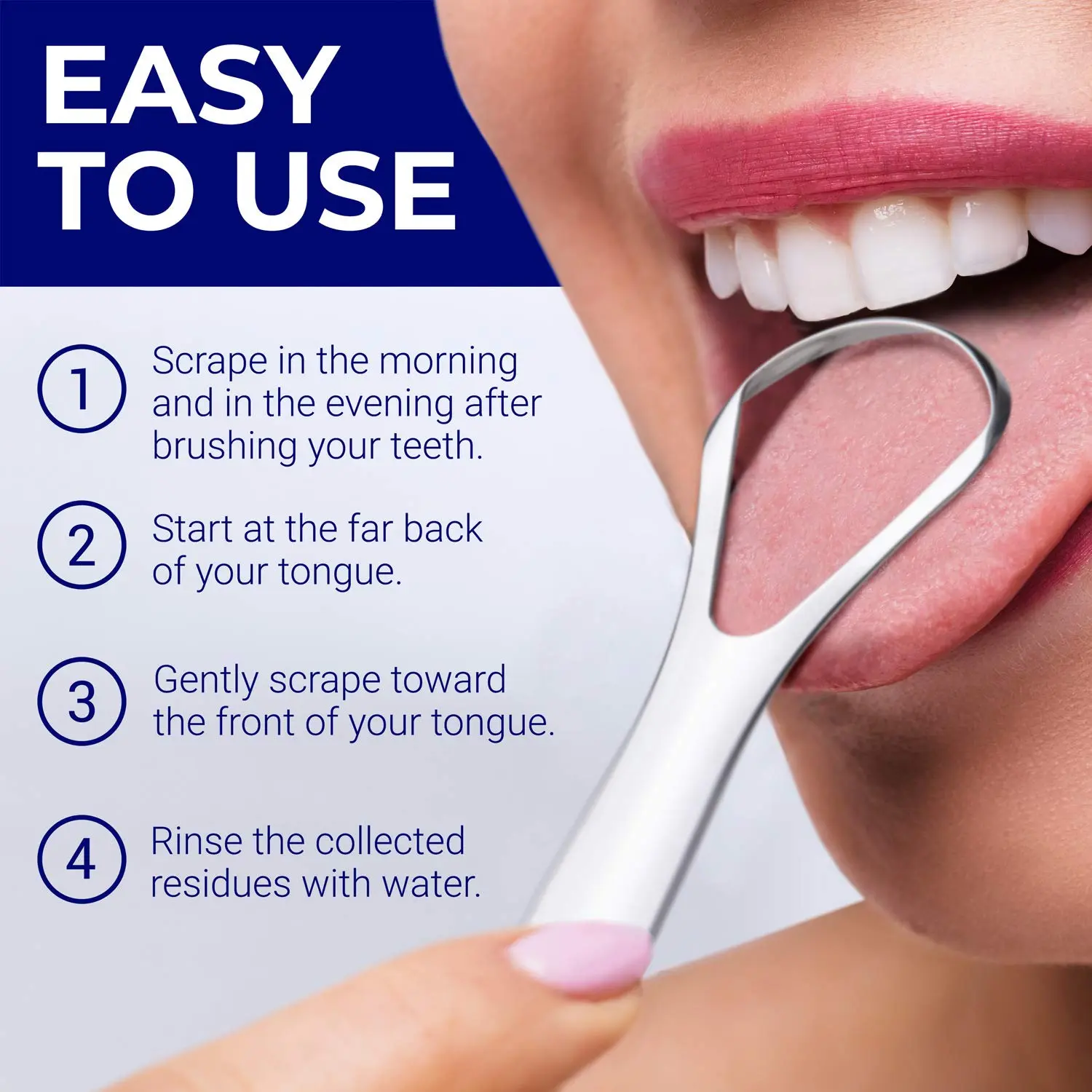 This stainless steel tongue scraper effectively cleans the tongue, promoting fresh breath and better oral hygiene for both kids and adults, and is dishwasher safe for easy cleaning.