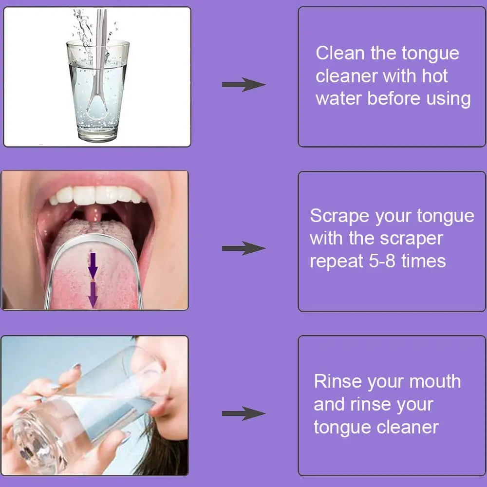 This stainless steel tongue scraper with a big size head helps remove bacteria causing bad breath and restore taste.