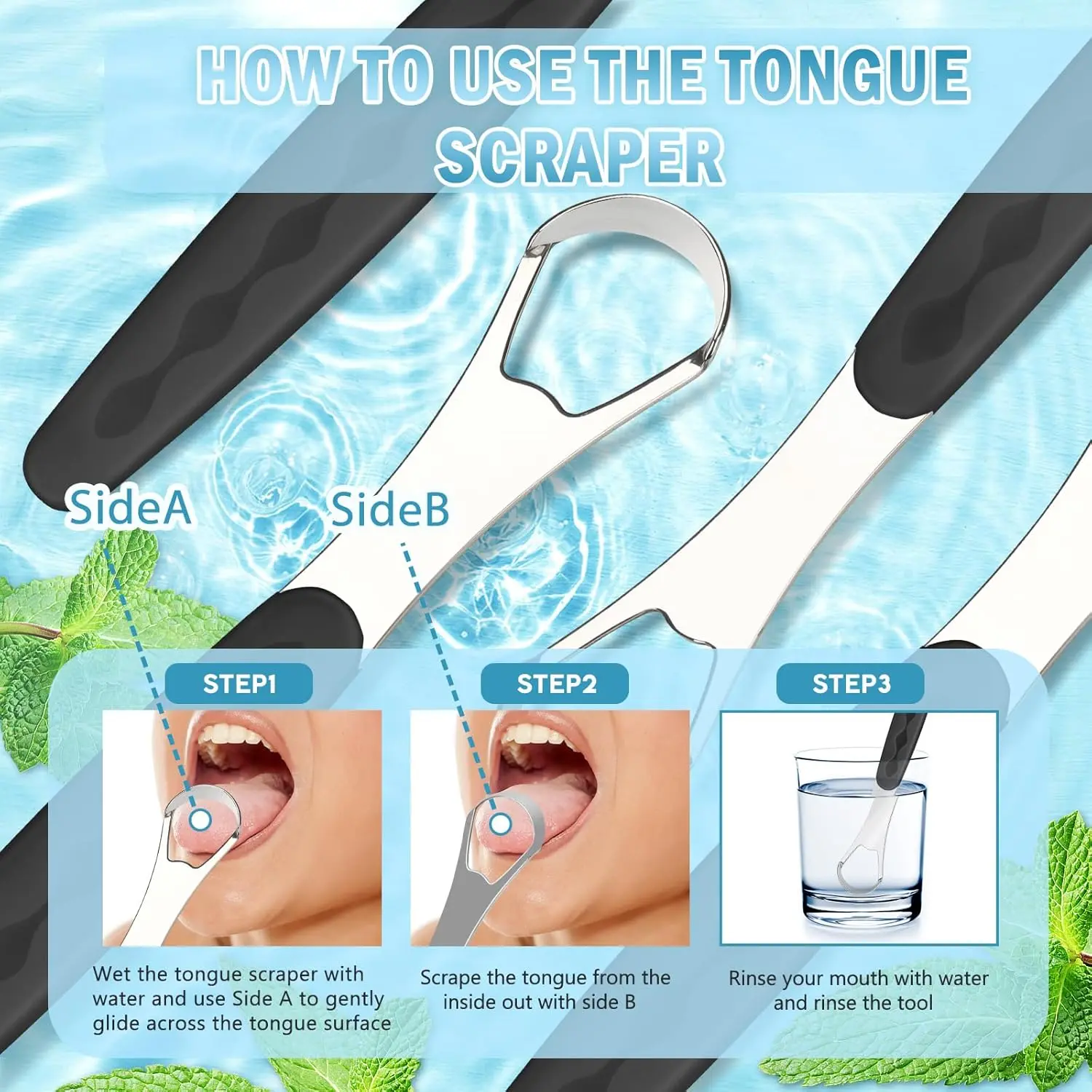 Medical-grade stainless steel tongue scraper with color-coded handle and travel case for adults and kids to promote oral hygiene and fresher breath.